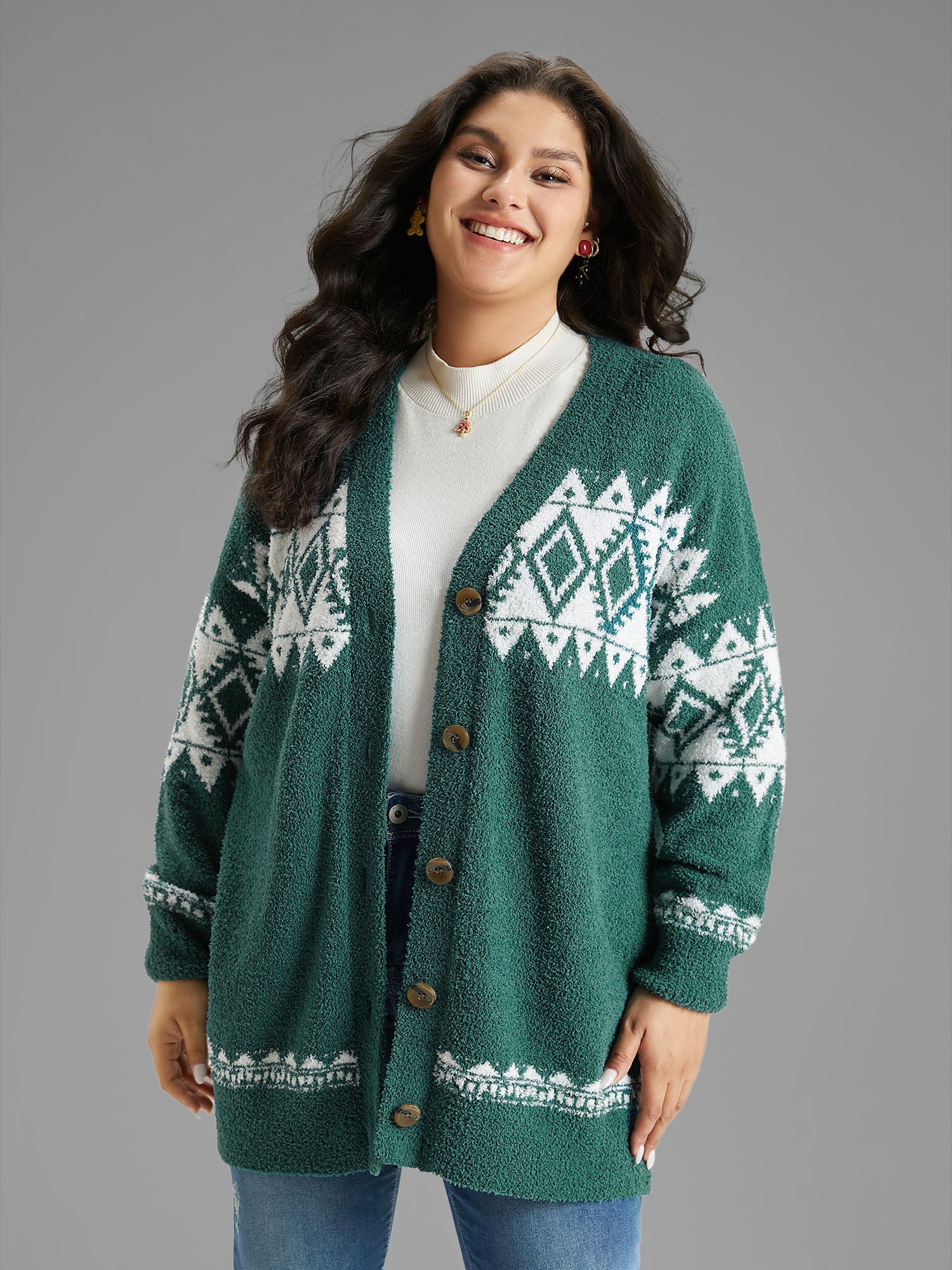 Fuzzy Geo Graphic Button Fly Cardigan - Image 3