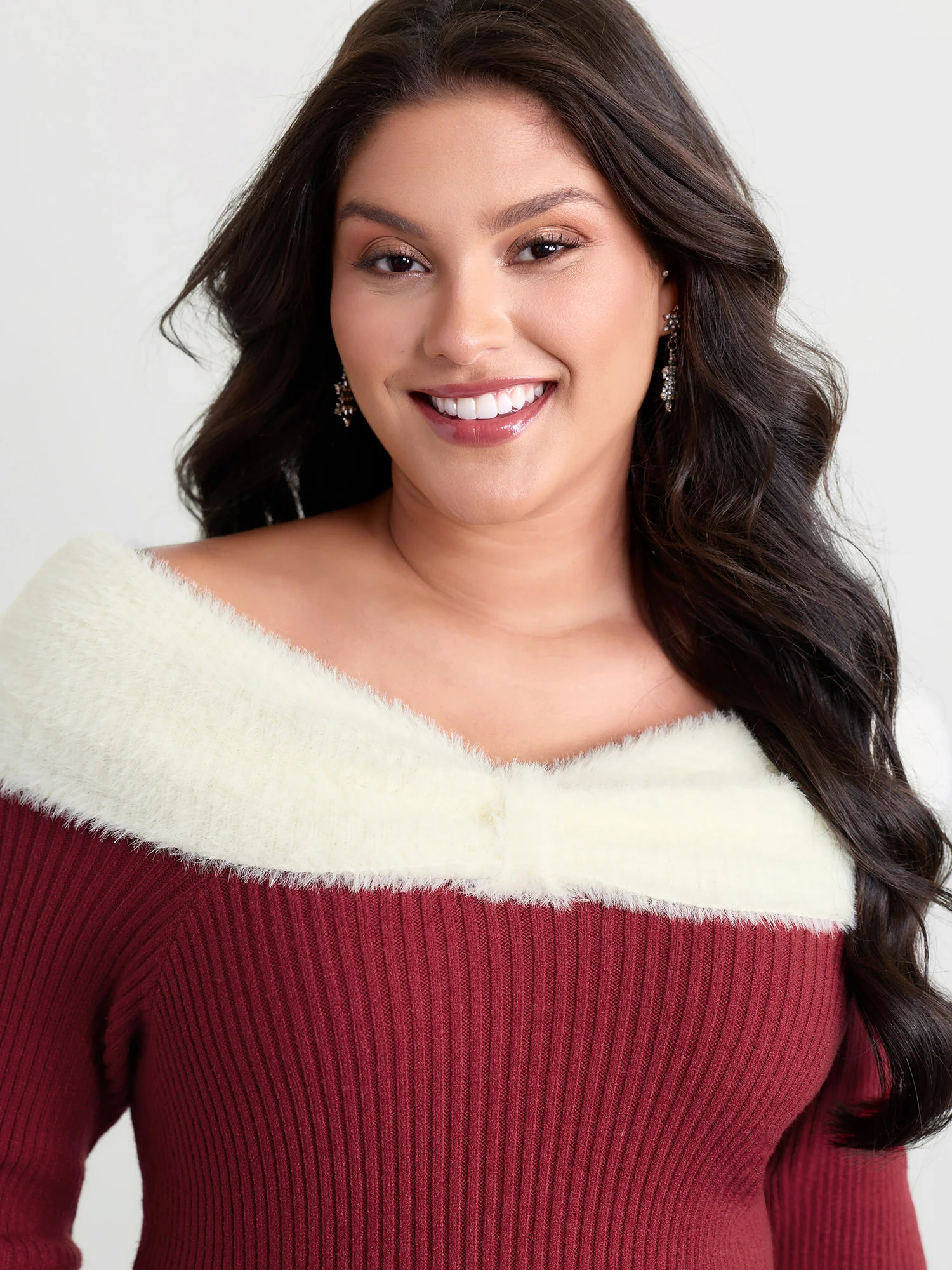 Fuzzy Off-Shoulder Color Block Sweater Dress - Image 2