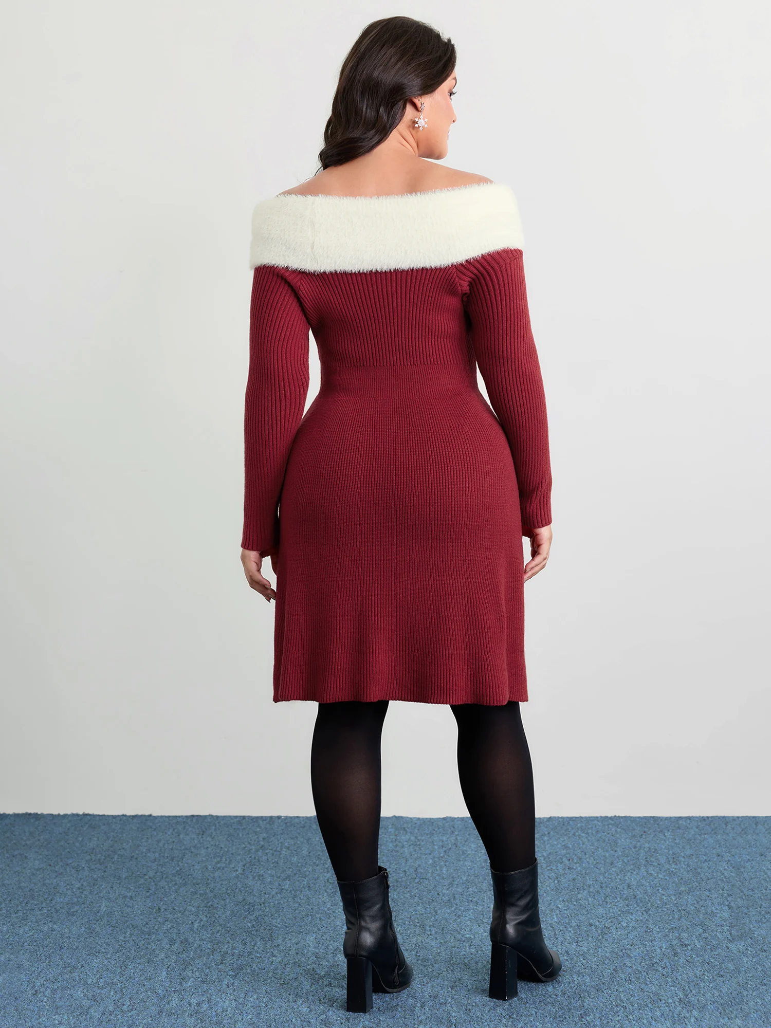 Fuzzy Off-Shoulder Color Block Sweater Dress - Image 4