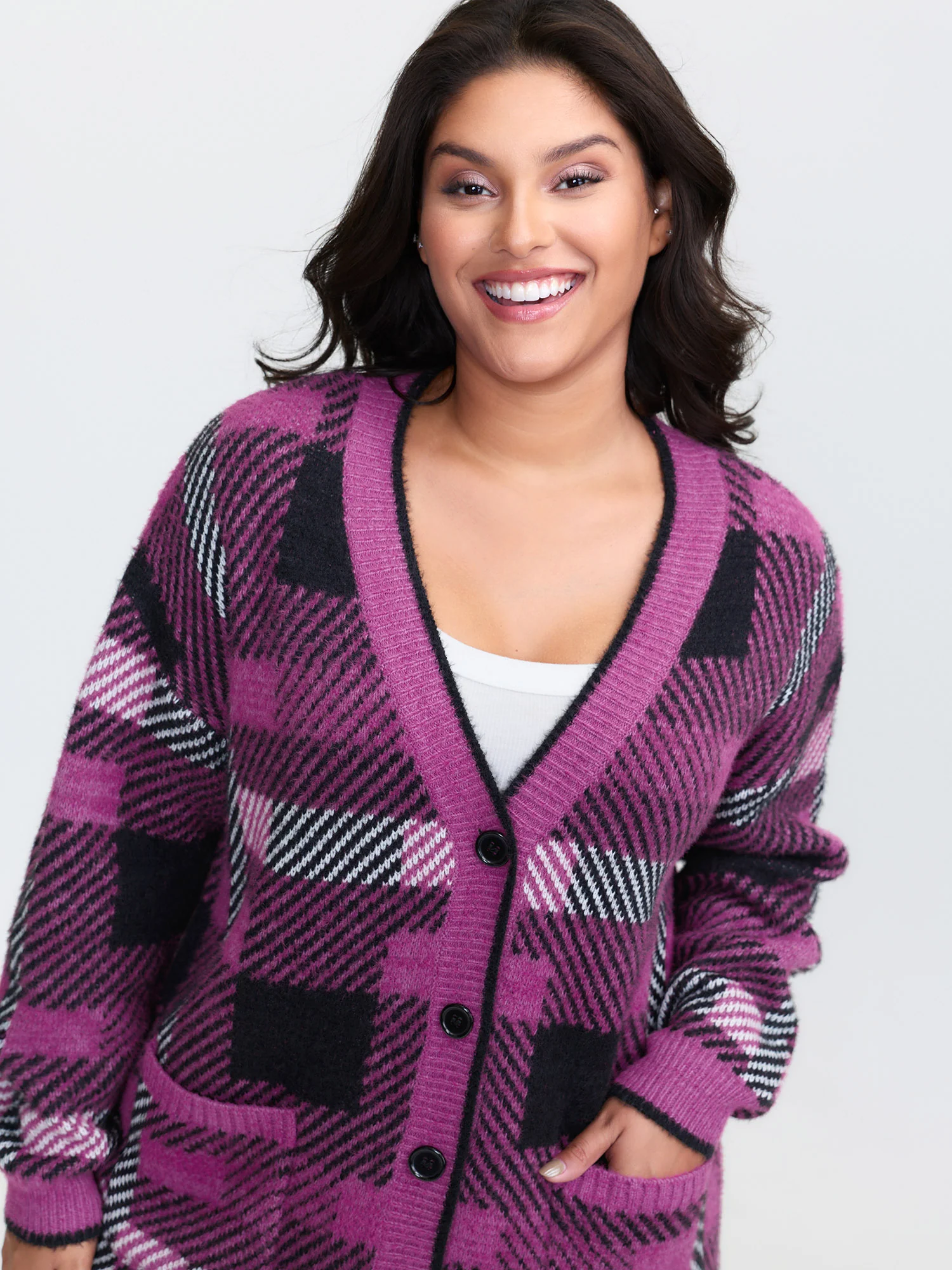 Fuzzy Plaid Pattern Button Knit Cardigan - Image 2