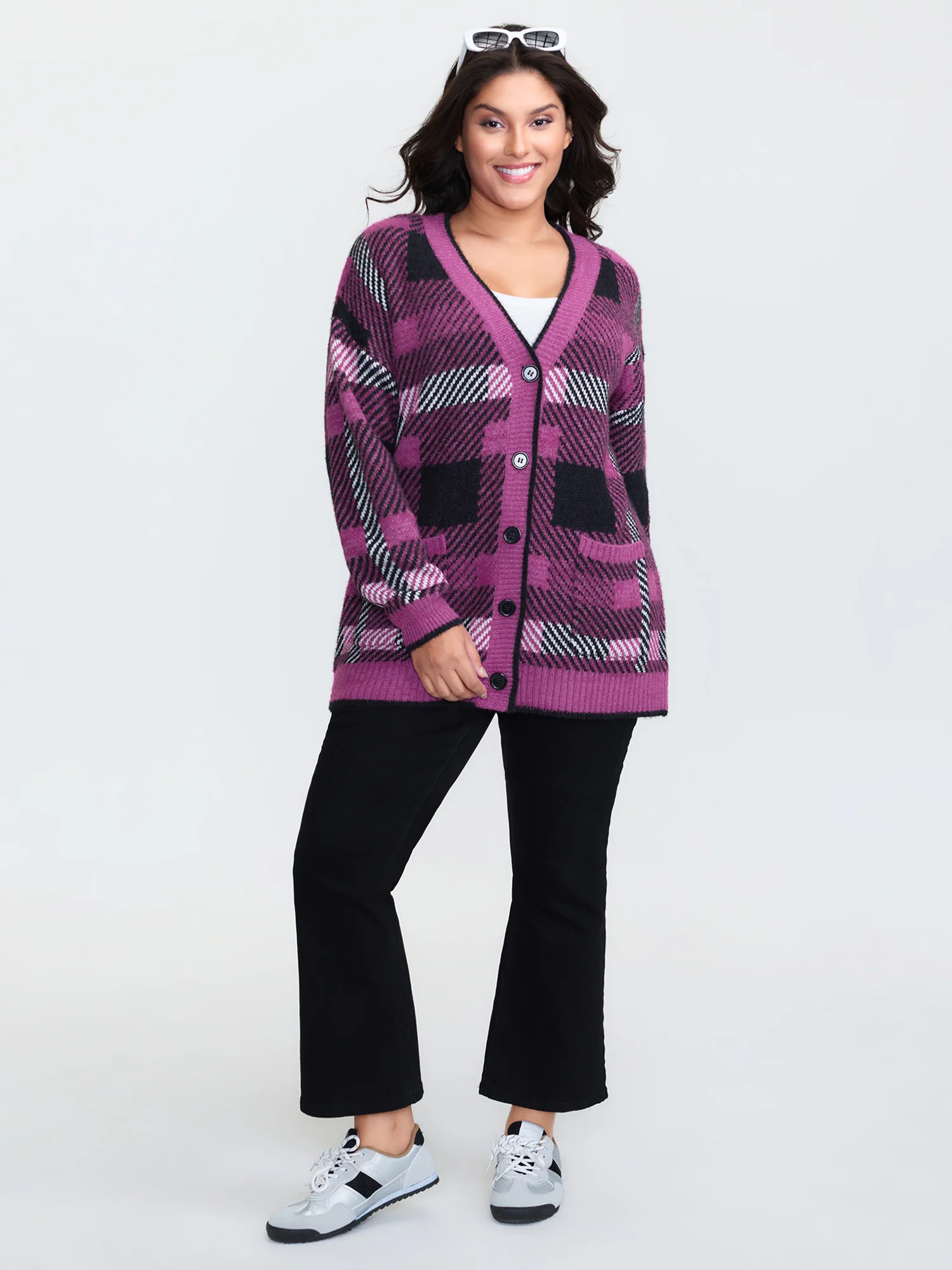 Fuzzy Plaid Pattern Button Knit Cardigan - Image 3