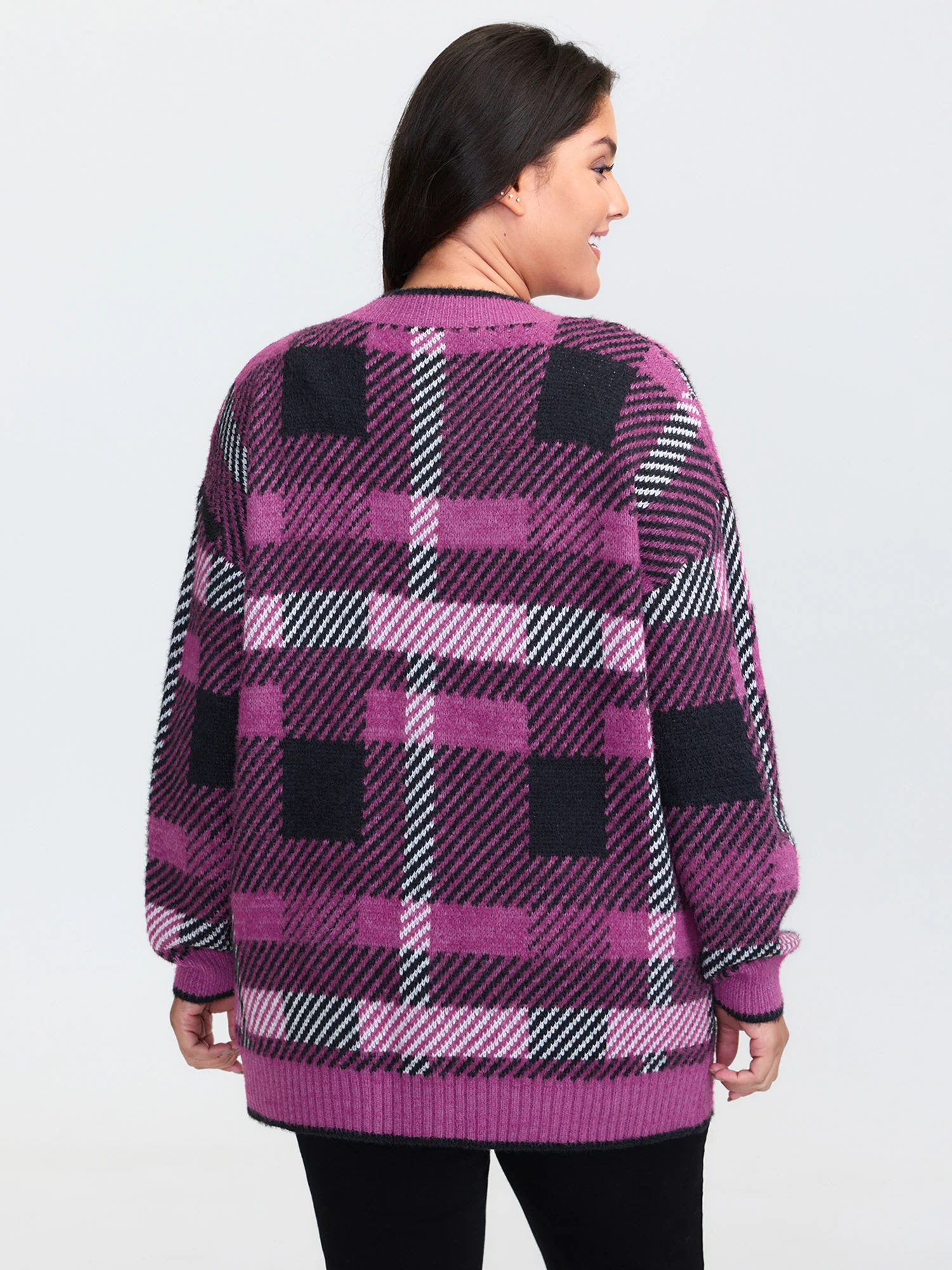 Fuzzy Plaid Pattern Button Knit Cardigan - Image 4
