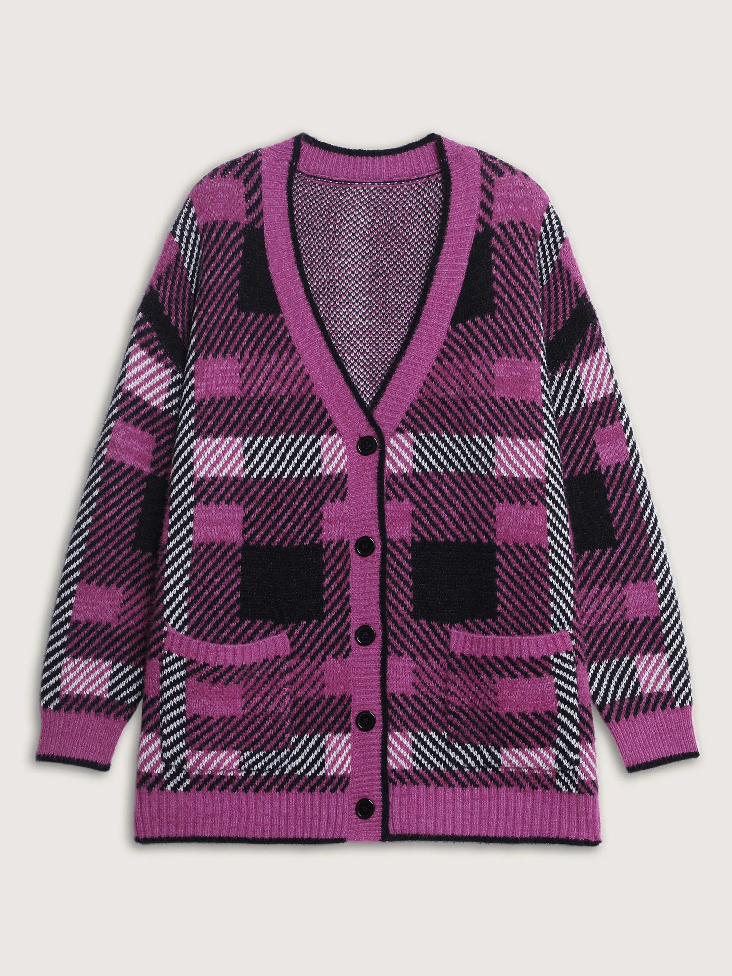 Fuzzy Plaid Pattern Button Knit Cardigan - Image 8