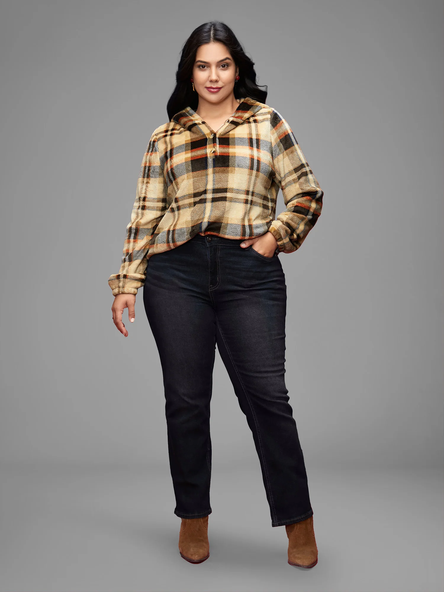Fuzzy Pullover Plaid Hoodie - Image 2