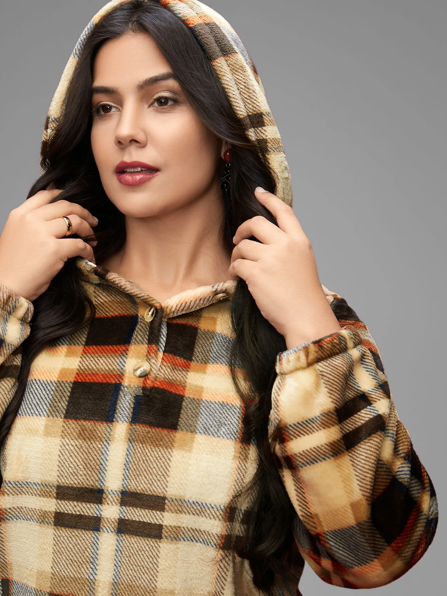 Fuzzy Pullover Plaid Hoodie - Image 3