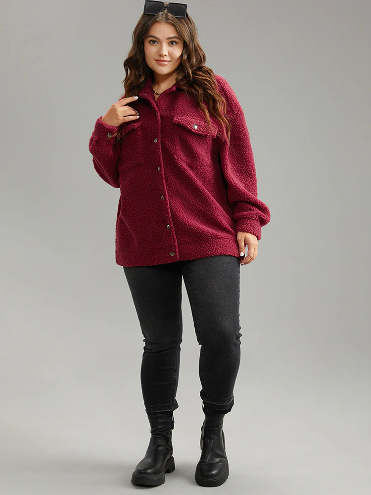Fuzzy Solid Flap Pocket Button Fly Coat - Image 4
