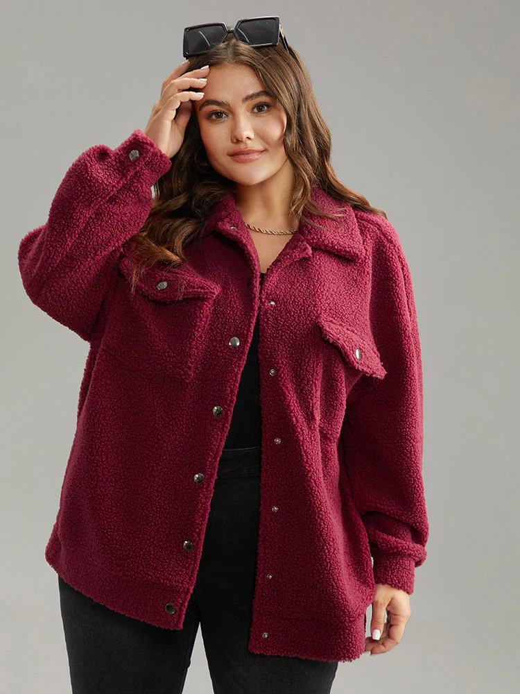 Fuzzy Solid Flap Pocket Button Fly Coat - Image 5