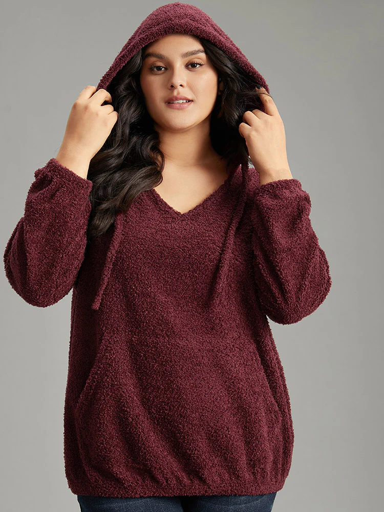 Fuzzy Solid Hooded Pocket Ties Sweatshirt - Image 2