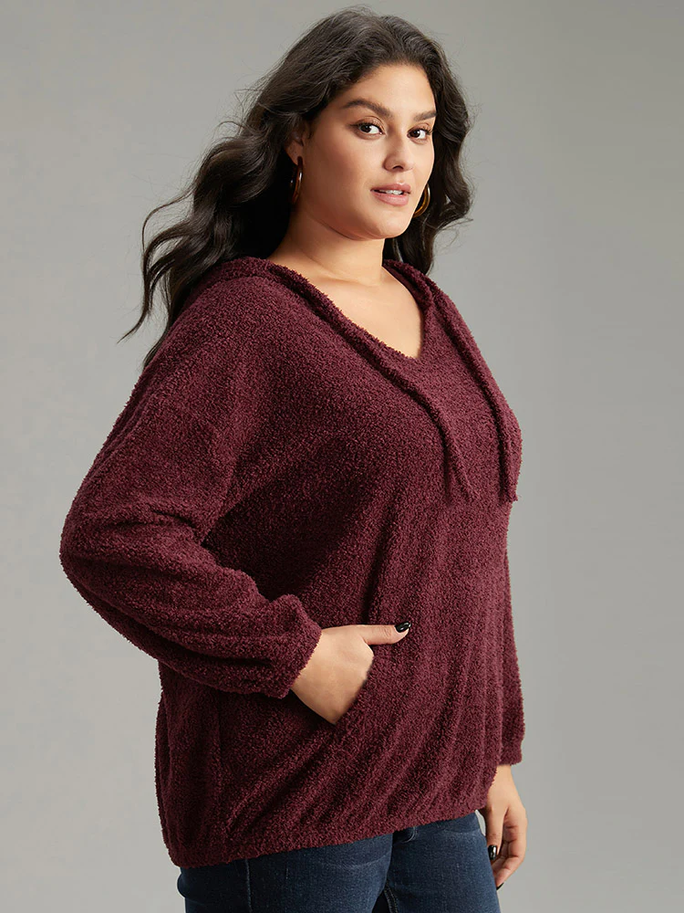 Fuzzy Solid Hooded Pocket Ties Sweatshirt - Image 3