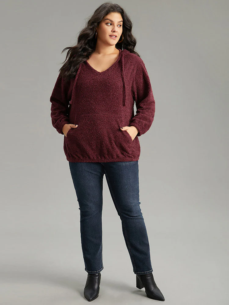 Fuzzy Solid Hooded Pocket Ties Sweatshirt - Image 4