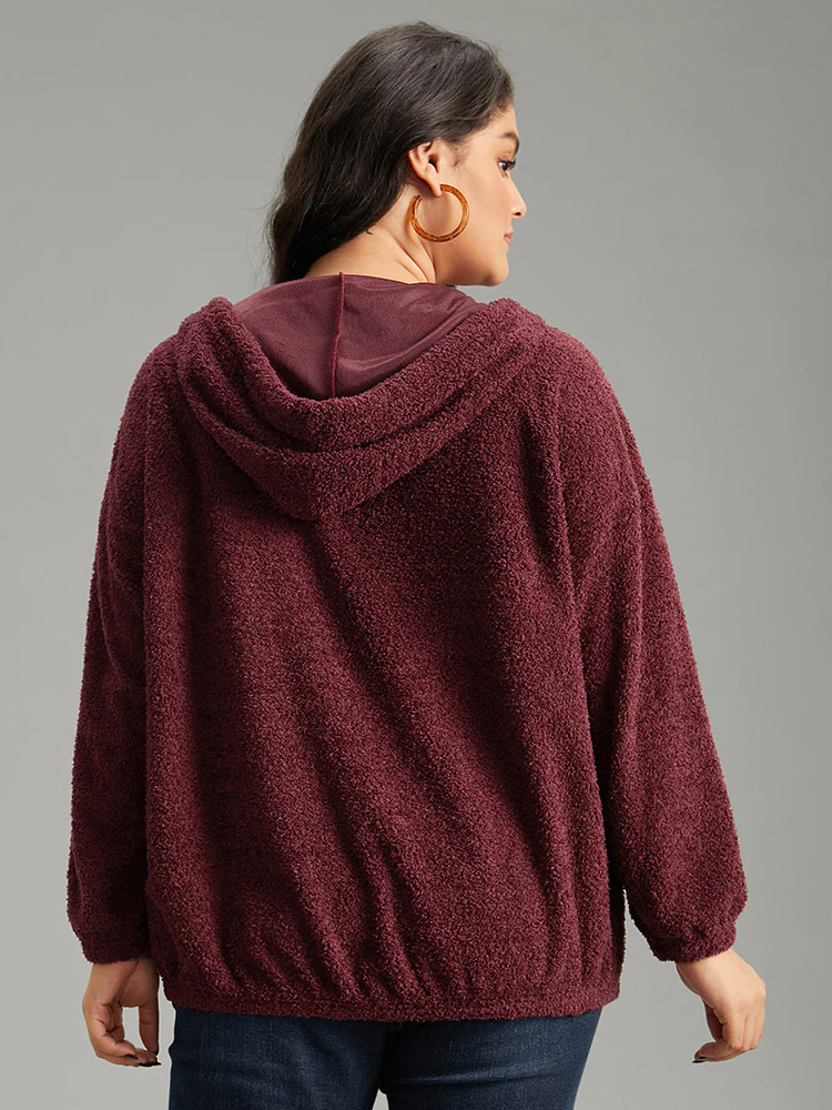 Fuzzy Solid Hooded Pocket Ties Sweatshirt - Image 5