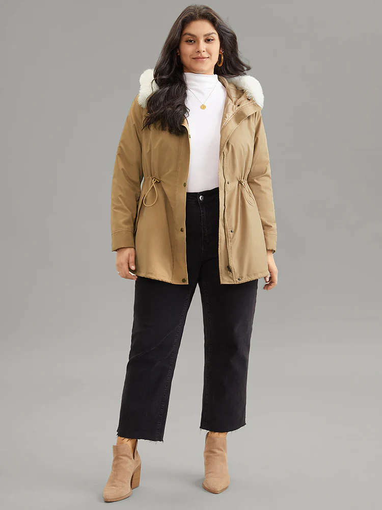 Fuzzy Trim Drawstring Pocket Cotton Jackets - Image 3
