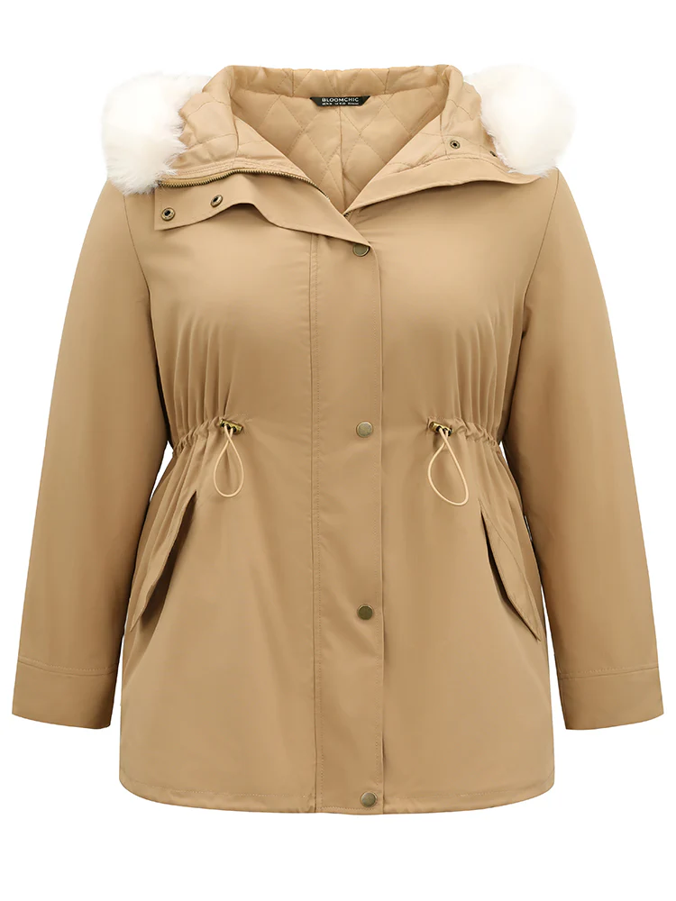 Fuzzy Trim Drawstring Pocket Cotton Jackets - Image 5
