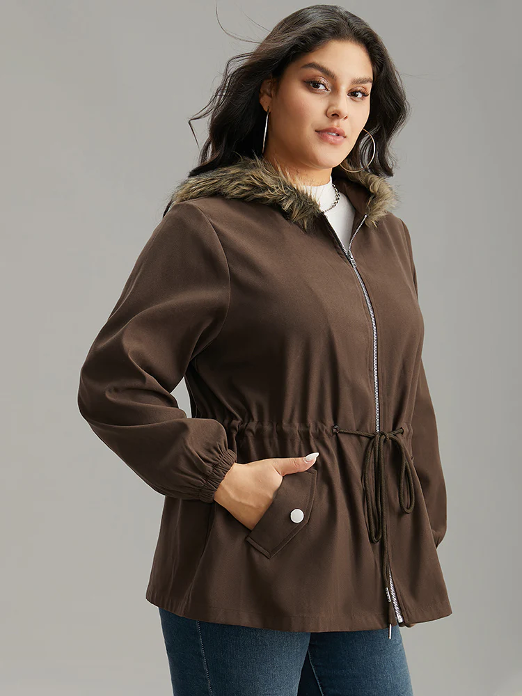 Fuzzy Trim Patchwork Zipper Drawstring Buckle Detail Jacket - Image 3