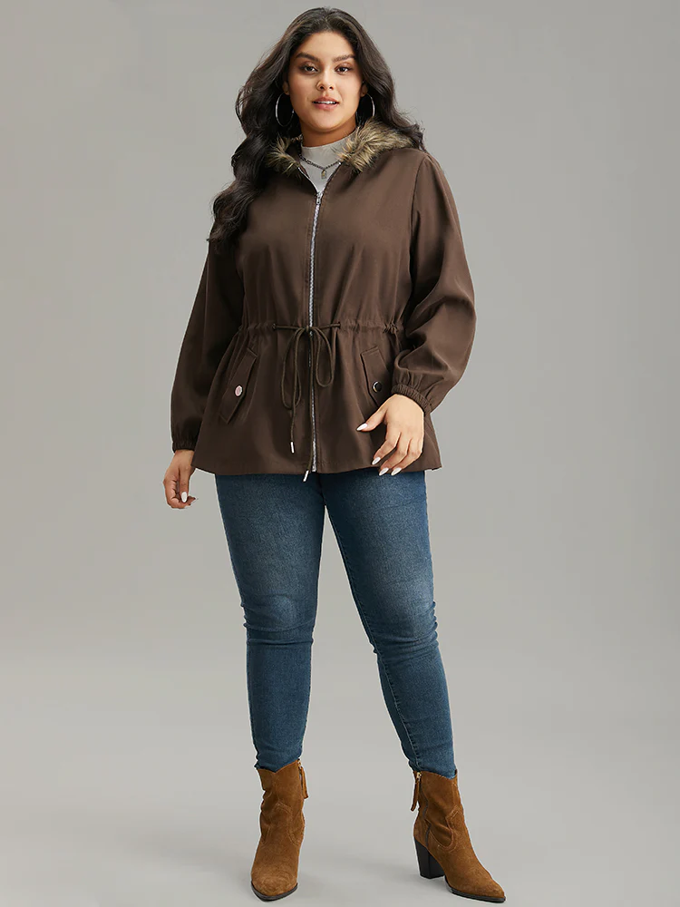 Fuzzy Trim Patchwork Zipper Drawstring Buckle Detail Jacket - Image 4