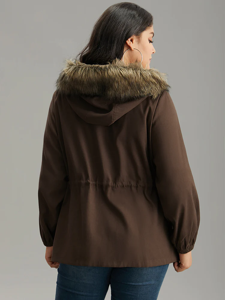 Fuzzy Trim Patchwork Zipper Drawstring Buckle Detail Jacket - Image 5