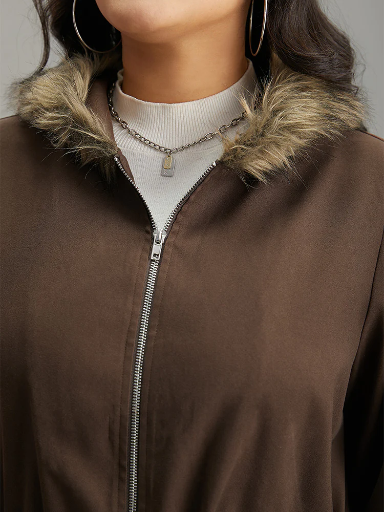 Fuzzy Trim Patchwork Zipper Drawstring Buckle Detail Jacket - Image 6