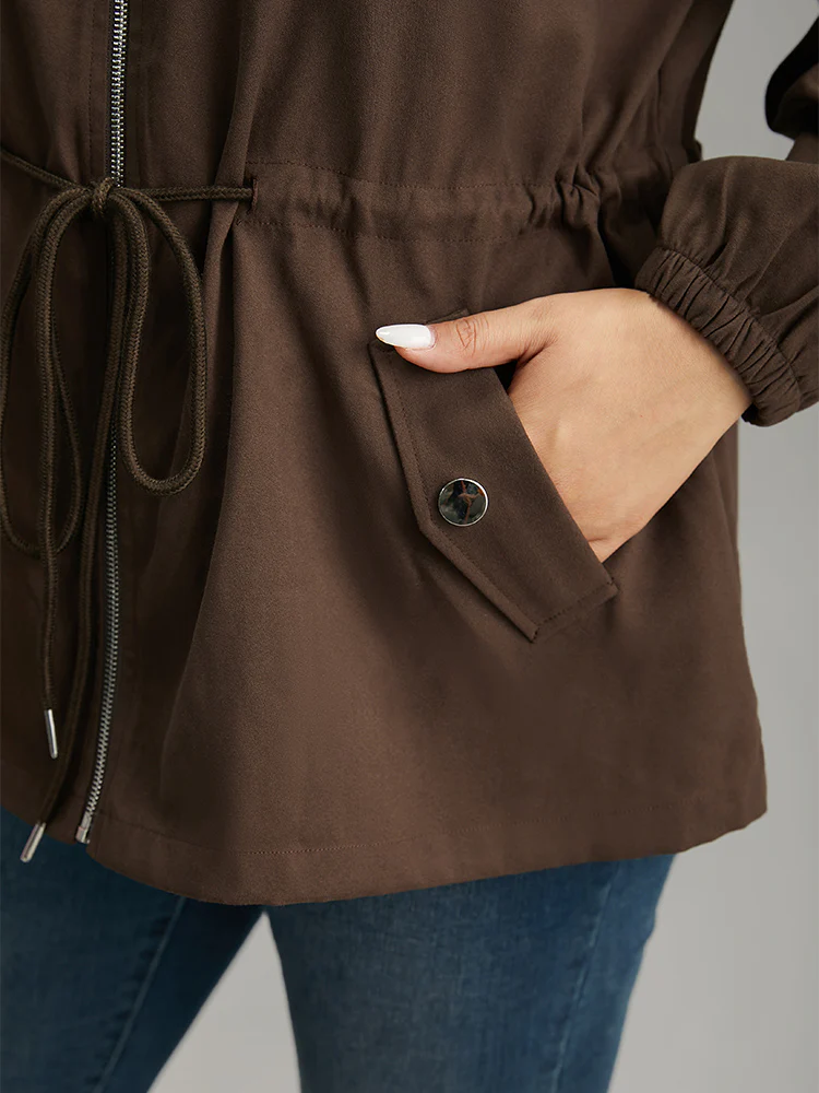 Fuzzy Trim Patchwork Zipper Drawstring Buckle Detail Jacket - Image 7