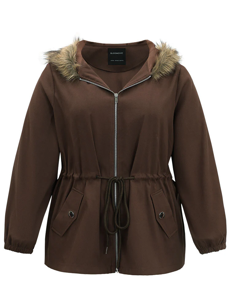 Fuzzy Trim Patchwork Zipper Drawstring Buckle Detail Jacket - Image 8