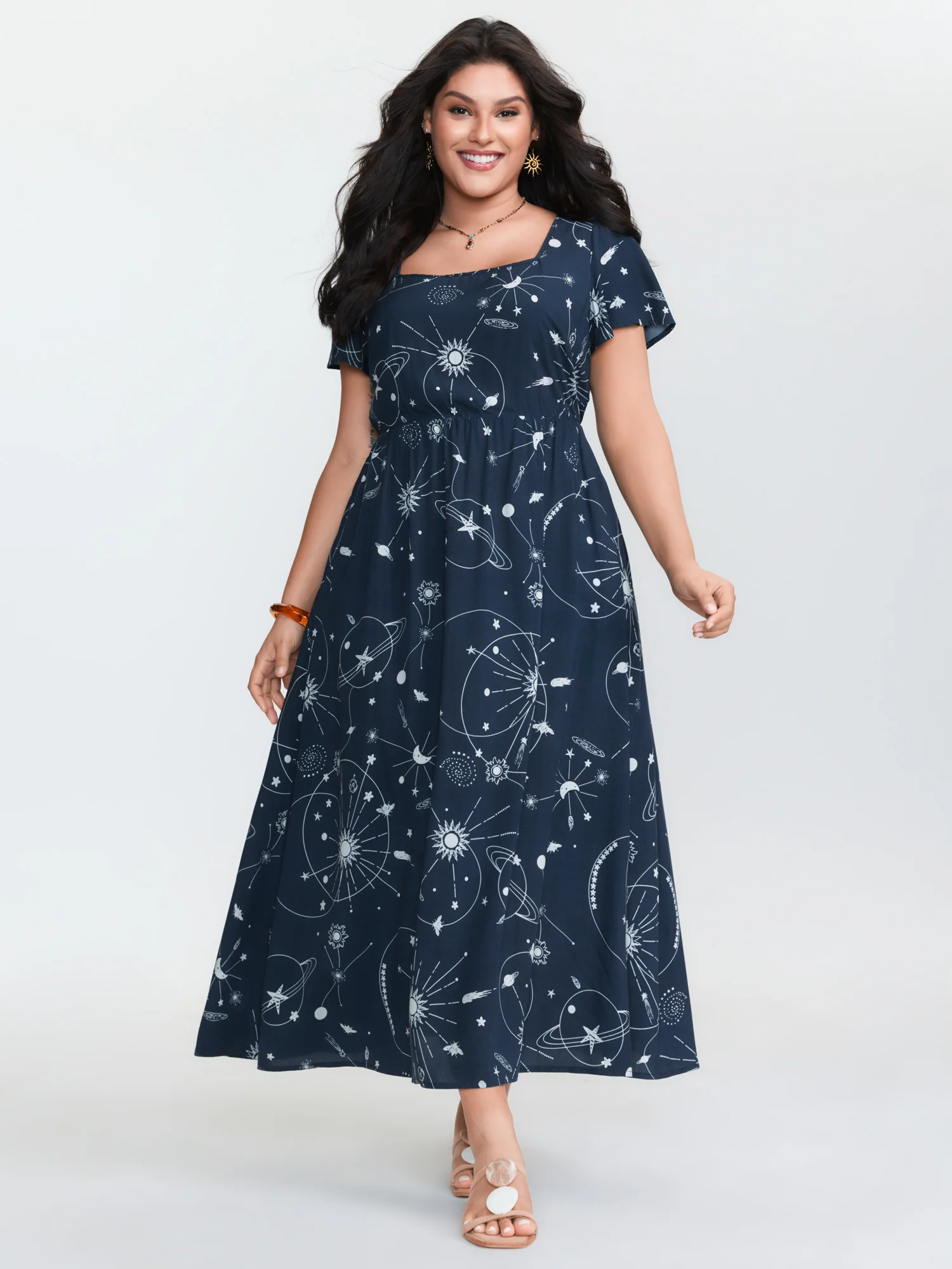 Galaxy Print Lotus Leaf Sleeve Maxi Dress - Image 2