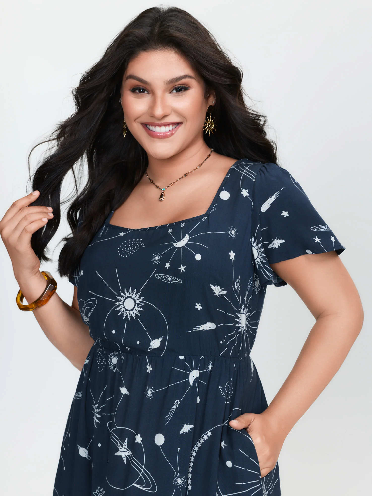 Galaxy Print Lotus Leaf Sleeve Maxi Dress - Image 3