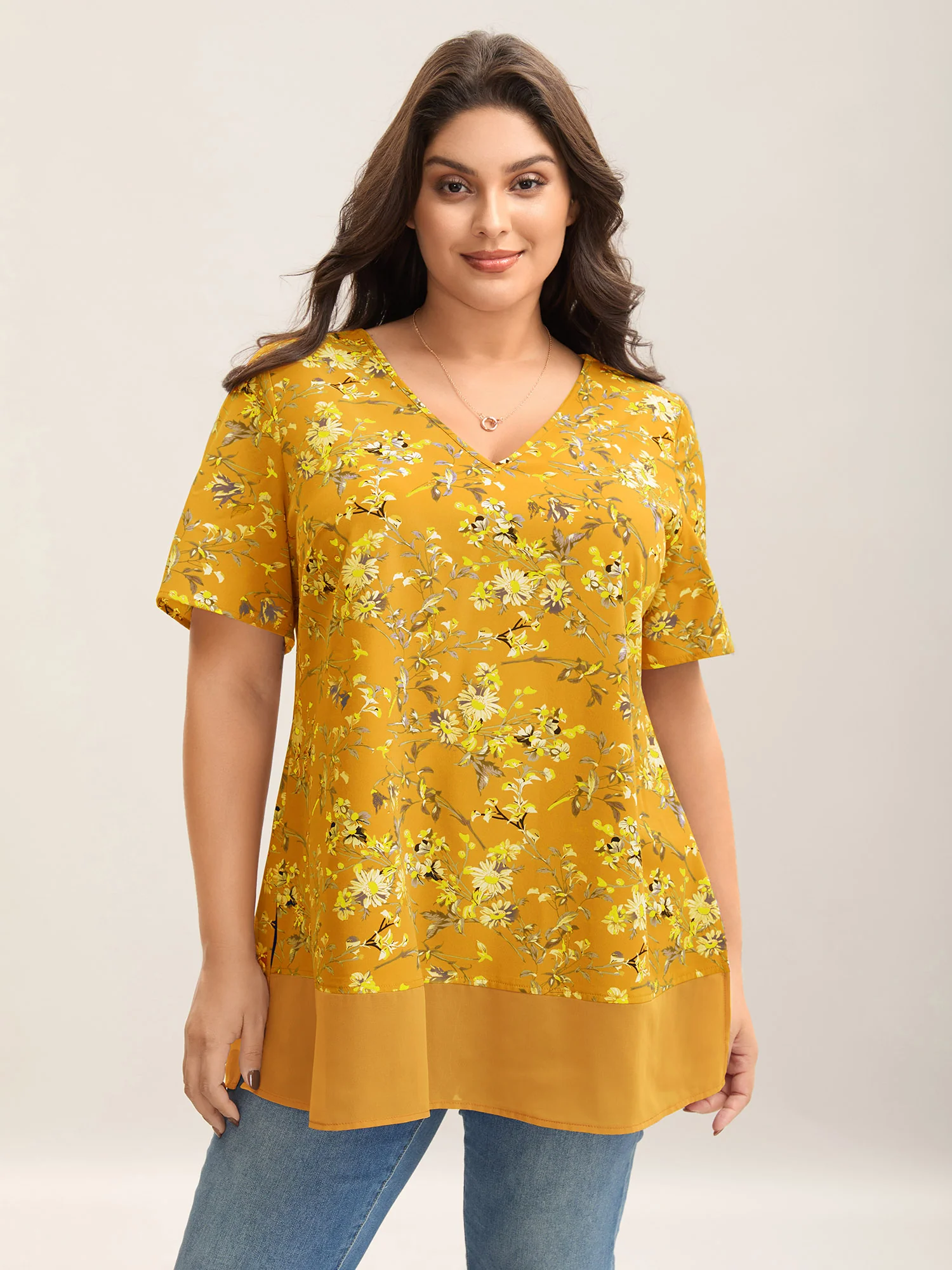 Garden Print Spliced V-Neck Blouse - Image 12