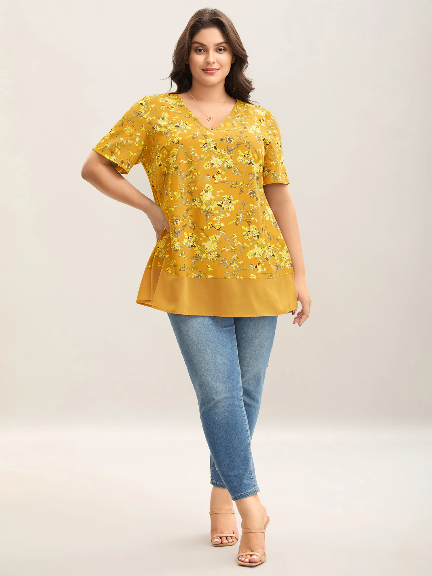 Garden Print Spliced V-Neck Blouse - Image 14