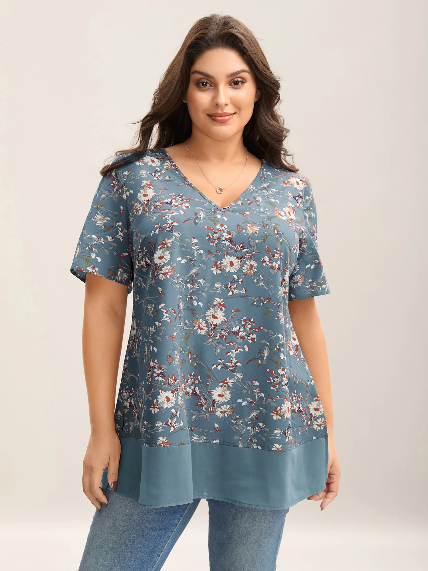 Garden Print Spliced V-Neck Blouse - Image 16