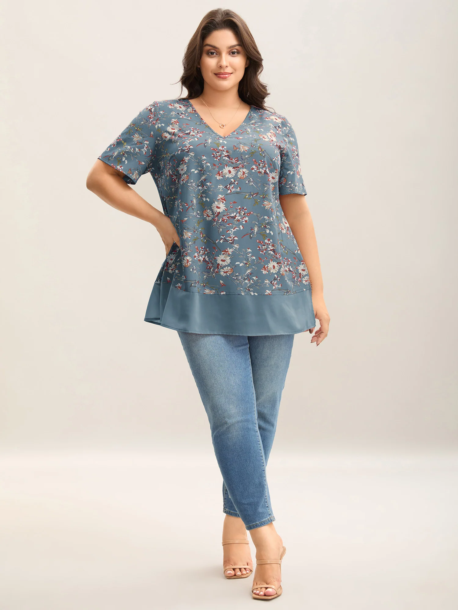 Garden Print Spliced V-Neck Blouse - Image 18