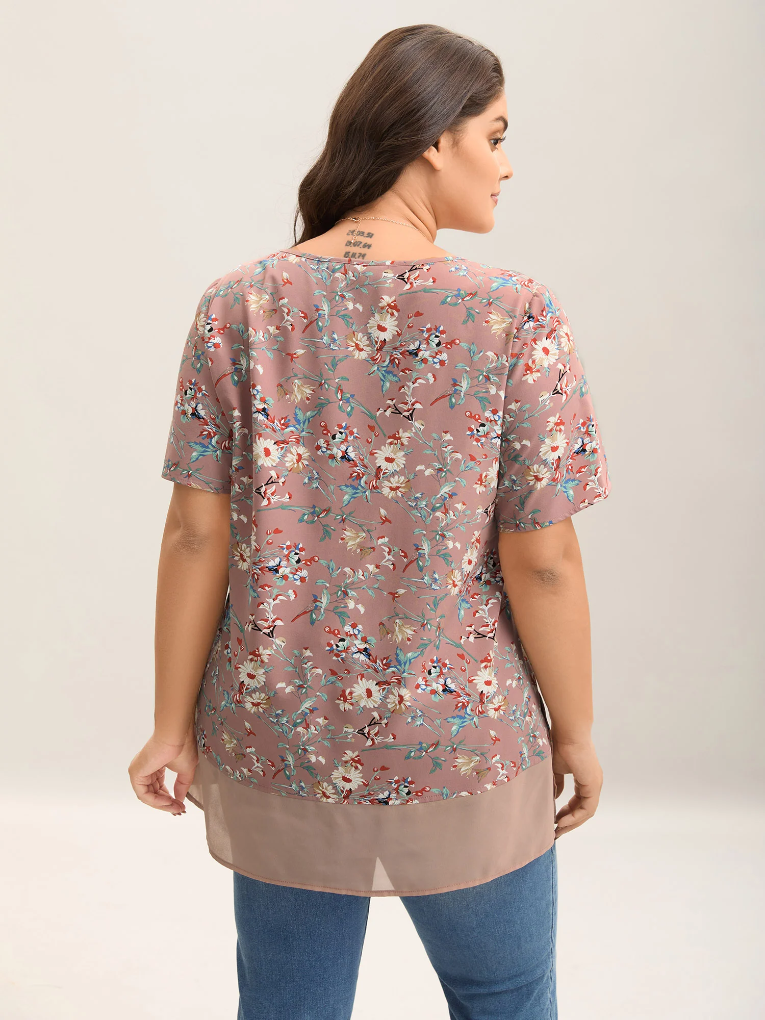 Garden Print Spliced V-Neck Blouse - Image 2