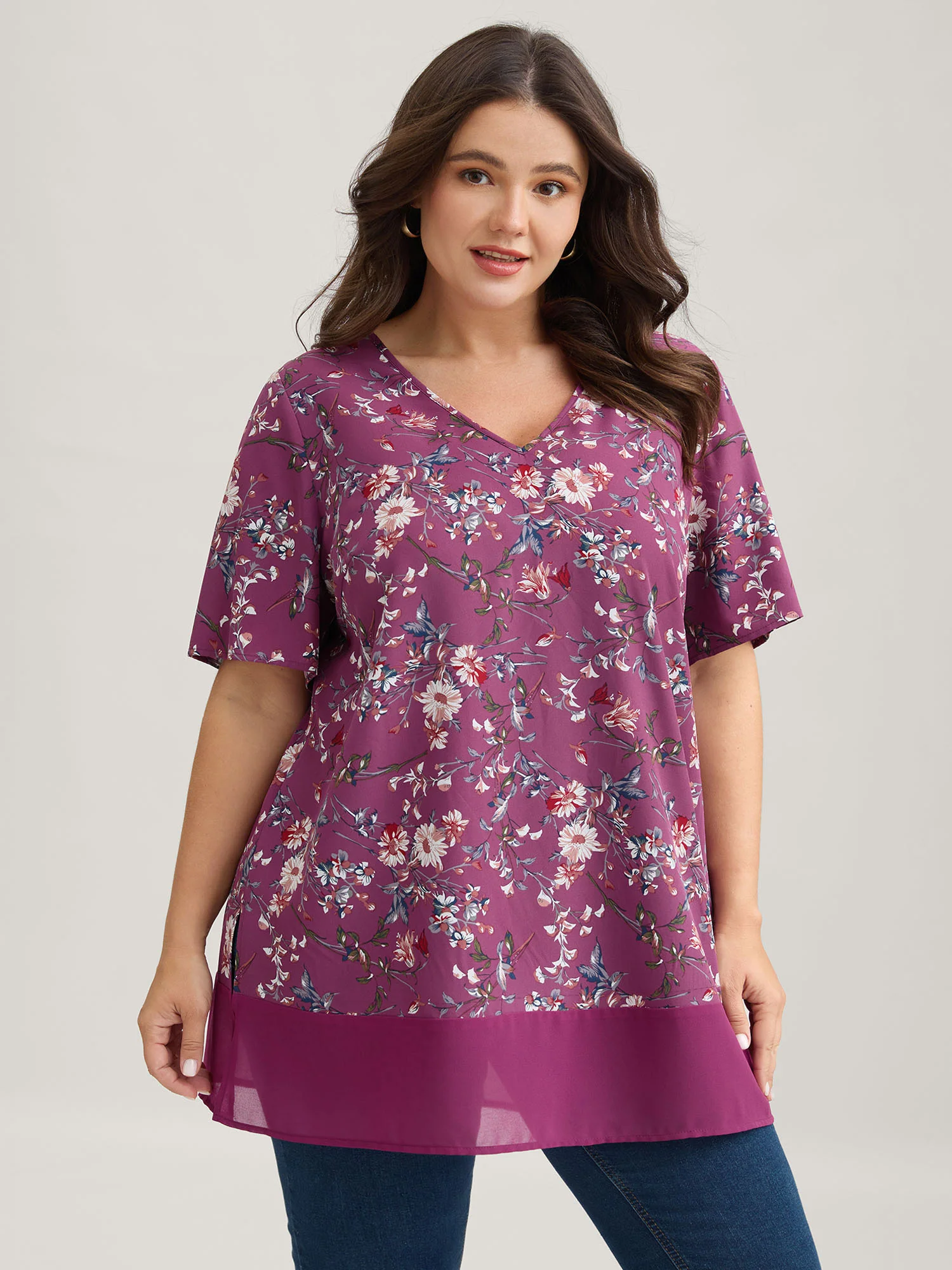 Garden Print Spliced V-Neck Blouse - Image 20