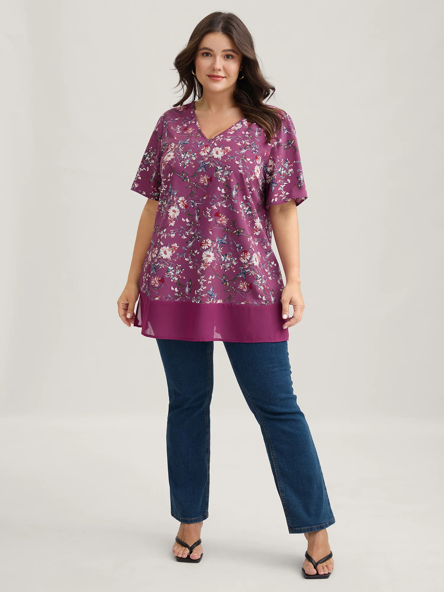 Garden Print Spliced V-Neck Blouse - Image 22