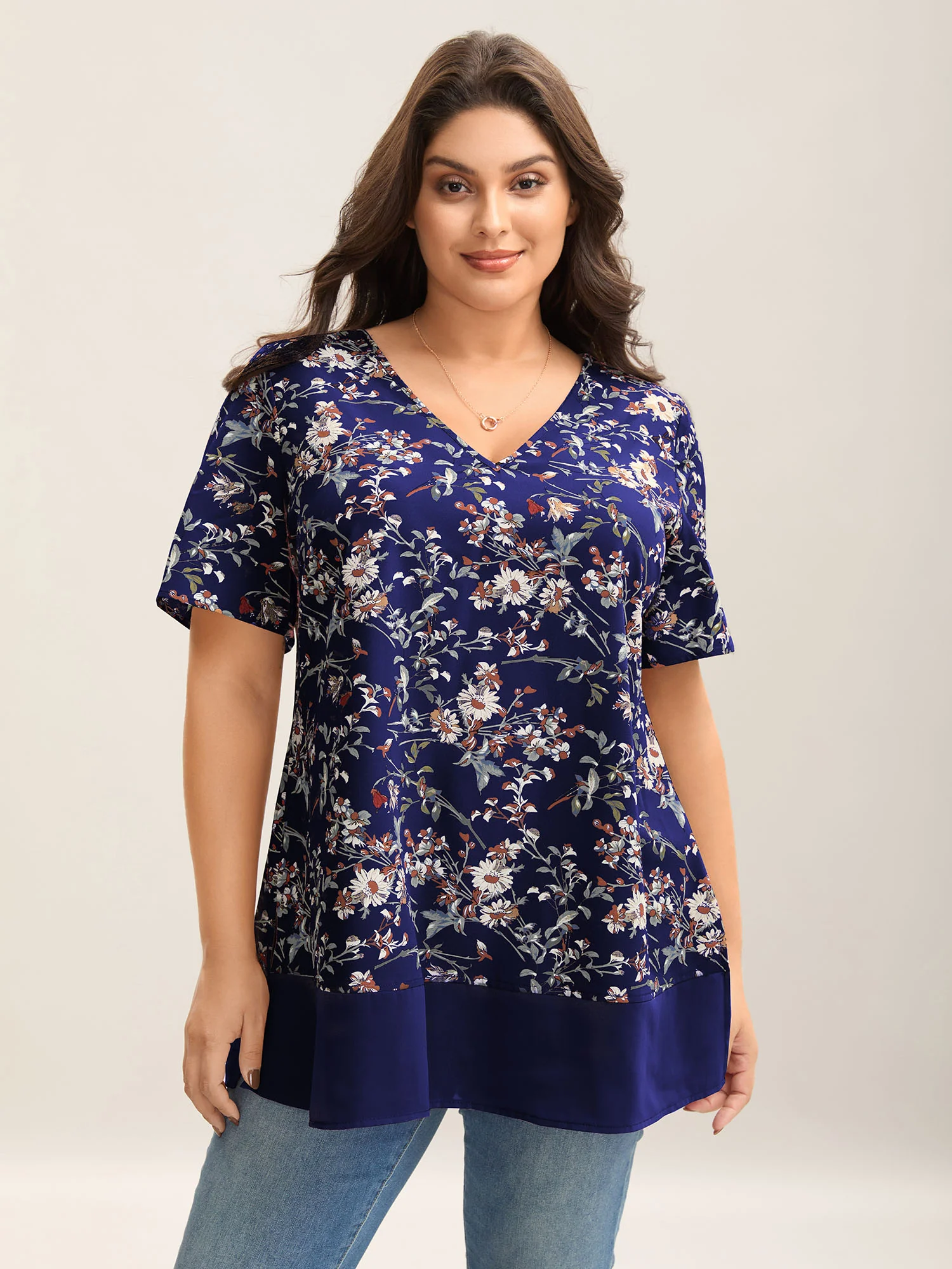 Garden Print Spliced V-Neck Blouse - Image 24