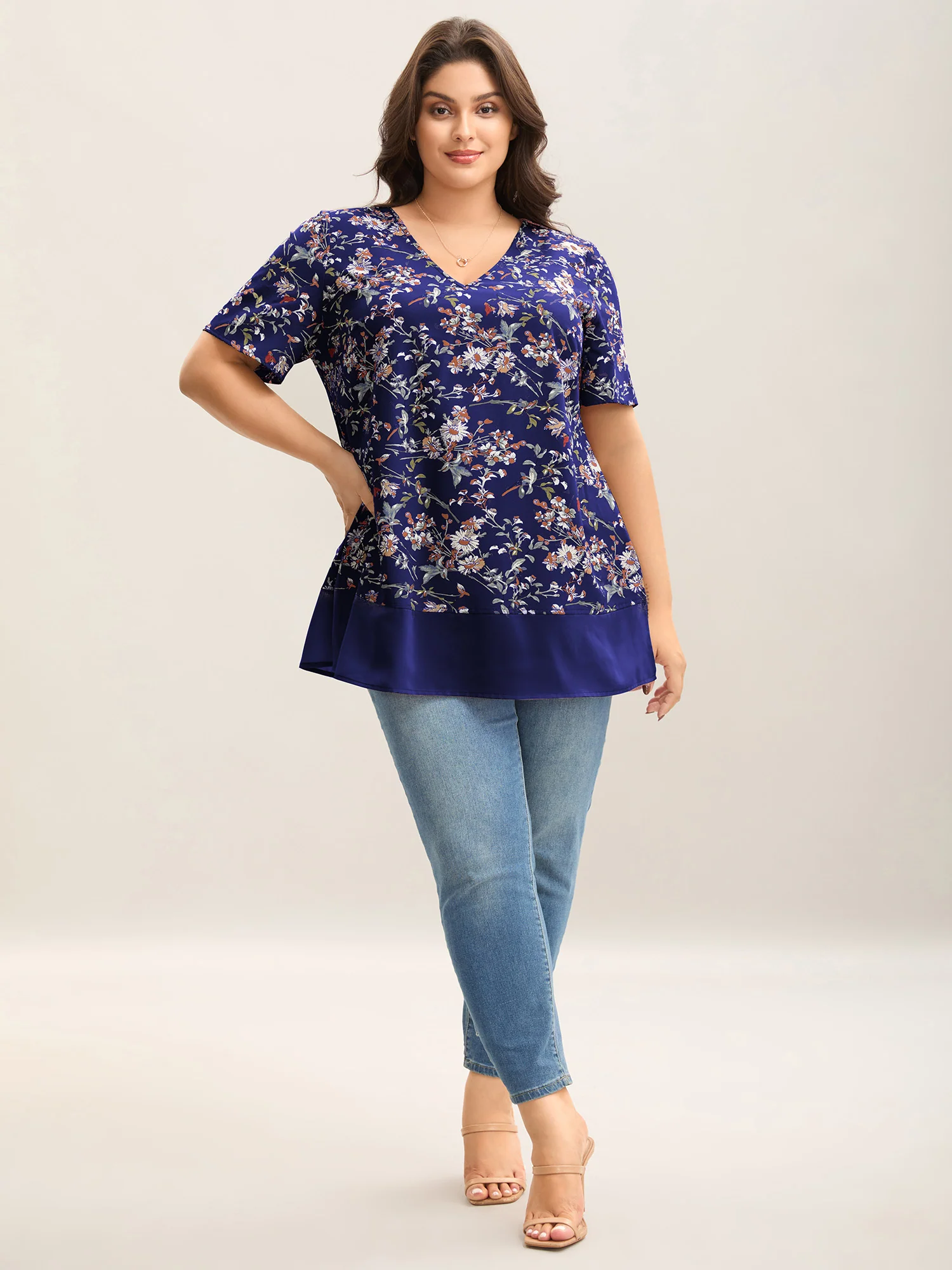 Garden Print Spliced V-Neck Blouse - Image 26