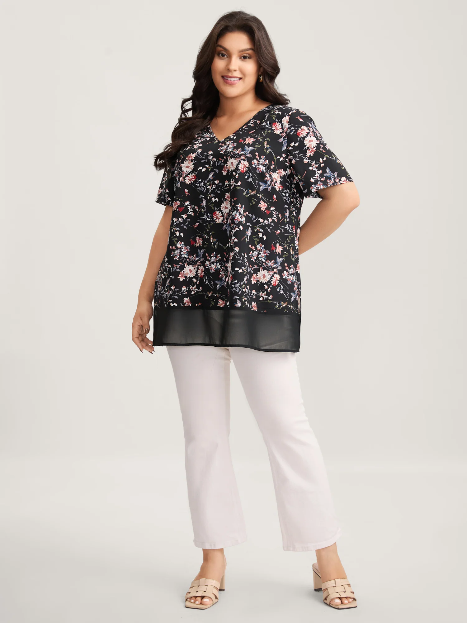 Garden Print Spliced V-Neck Blouse - Image 29