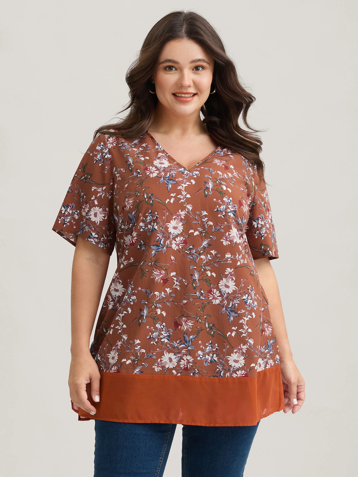 Garden Print Spliced V-Neck Blouse - Image 32