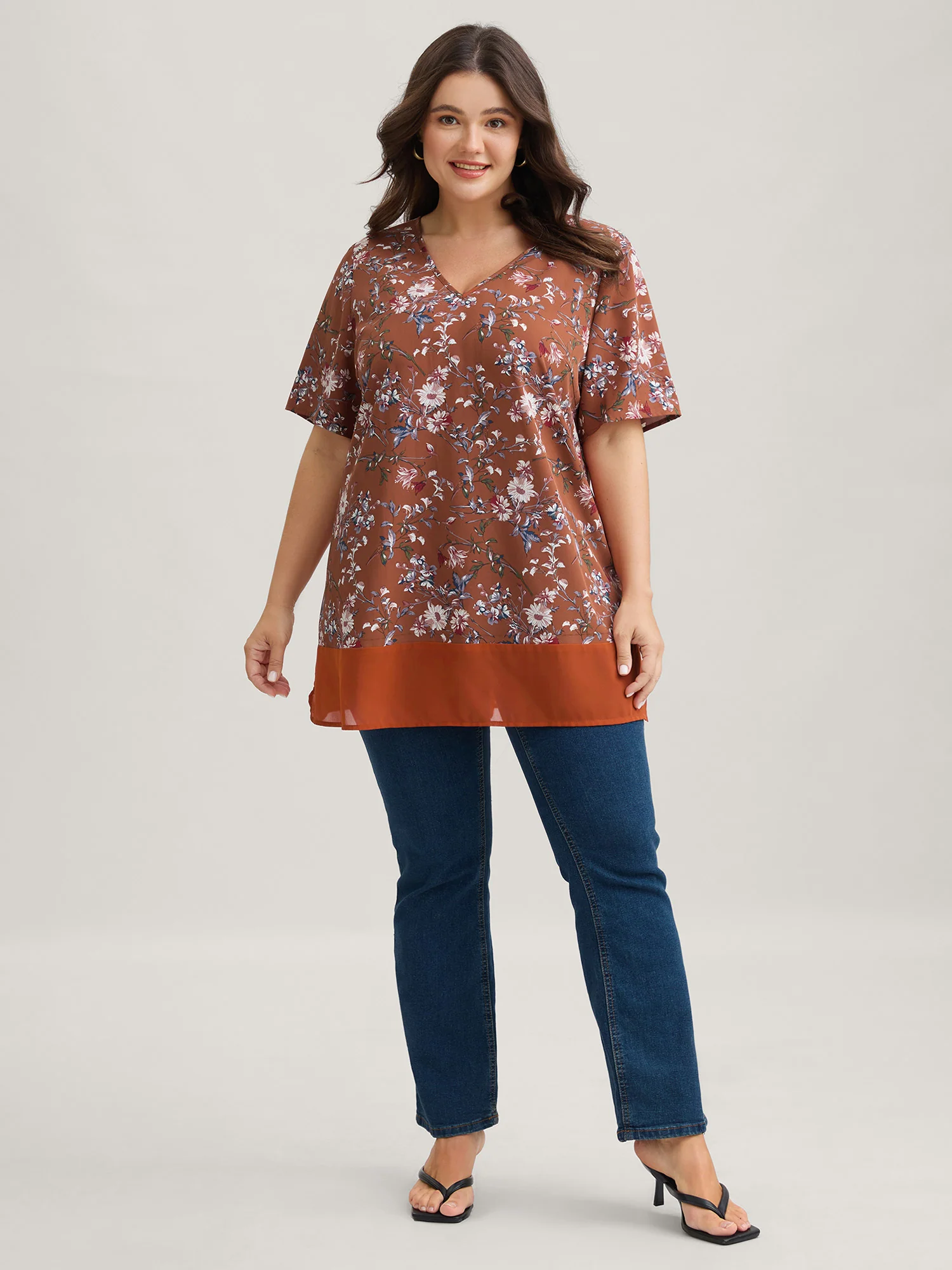 Garden Print Spliced V-Neck Blouse - Image 34