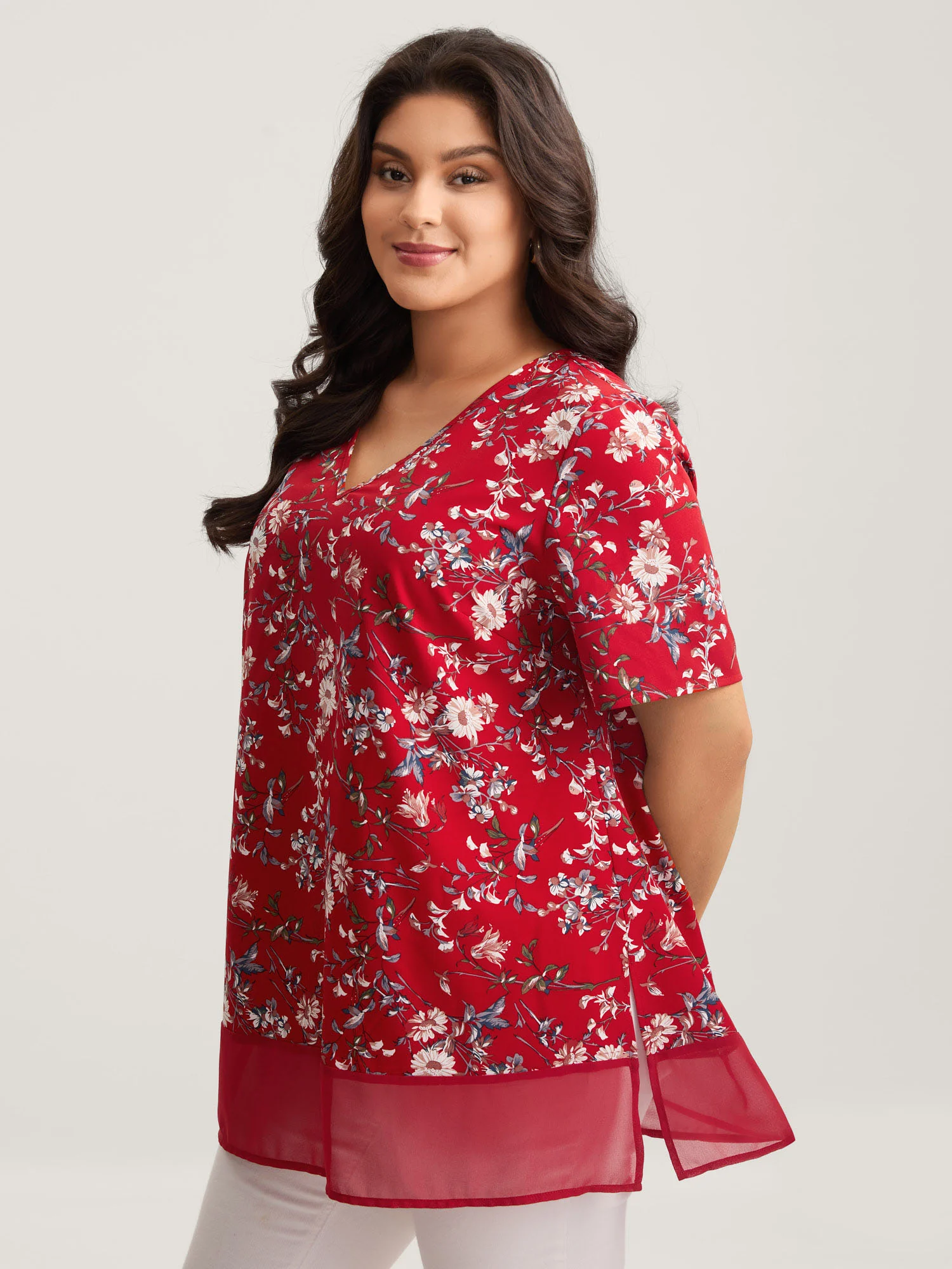 Garden Print Spliced V-Neck Blouse - Image 36