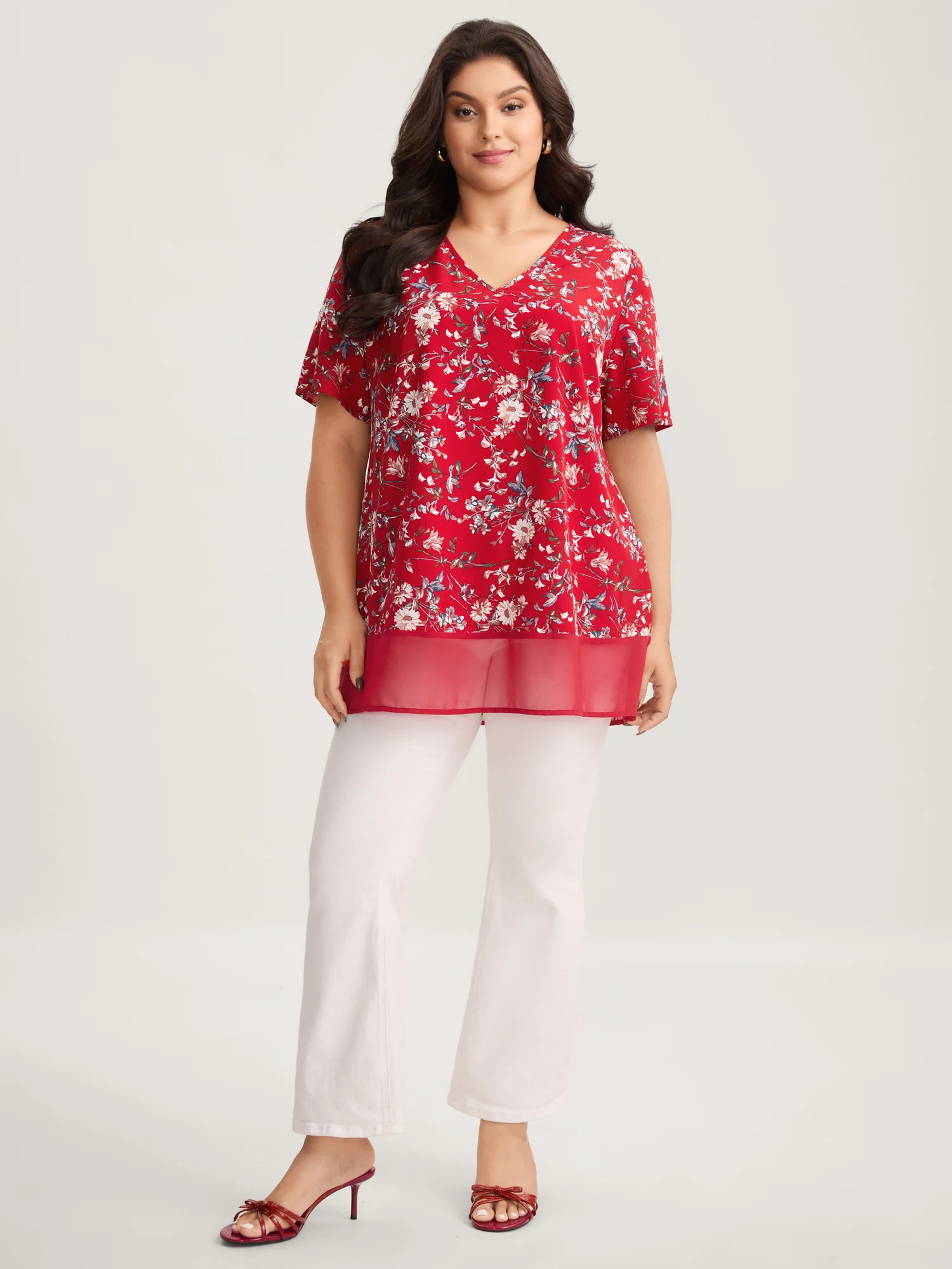 Garden Print Spliced V-Neck Blouse - Image 37