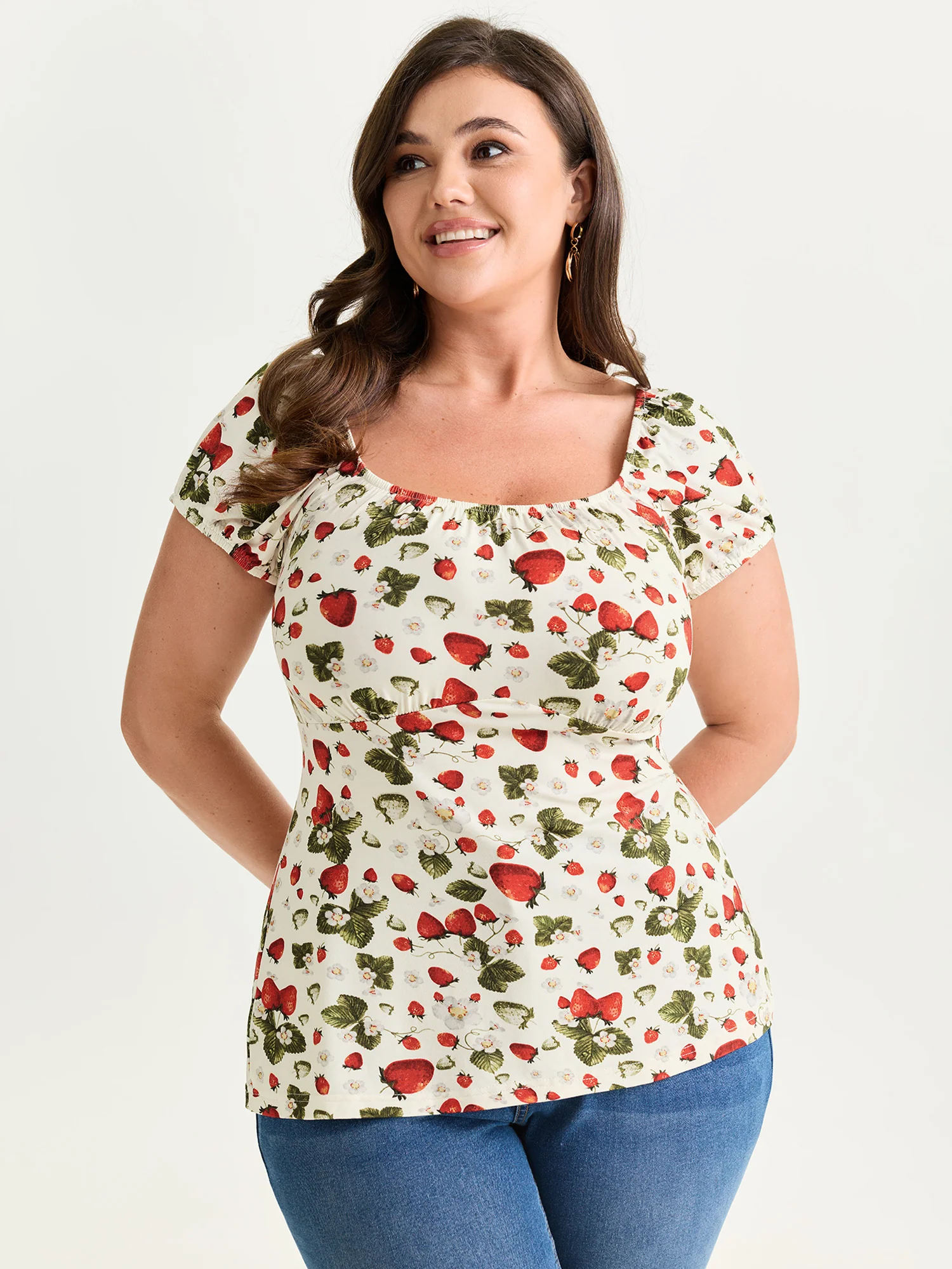 Garden Strawberry Print Stretchy Knit Top - Image 2