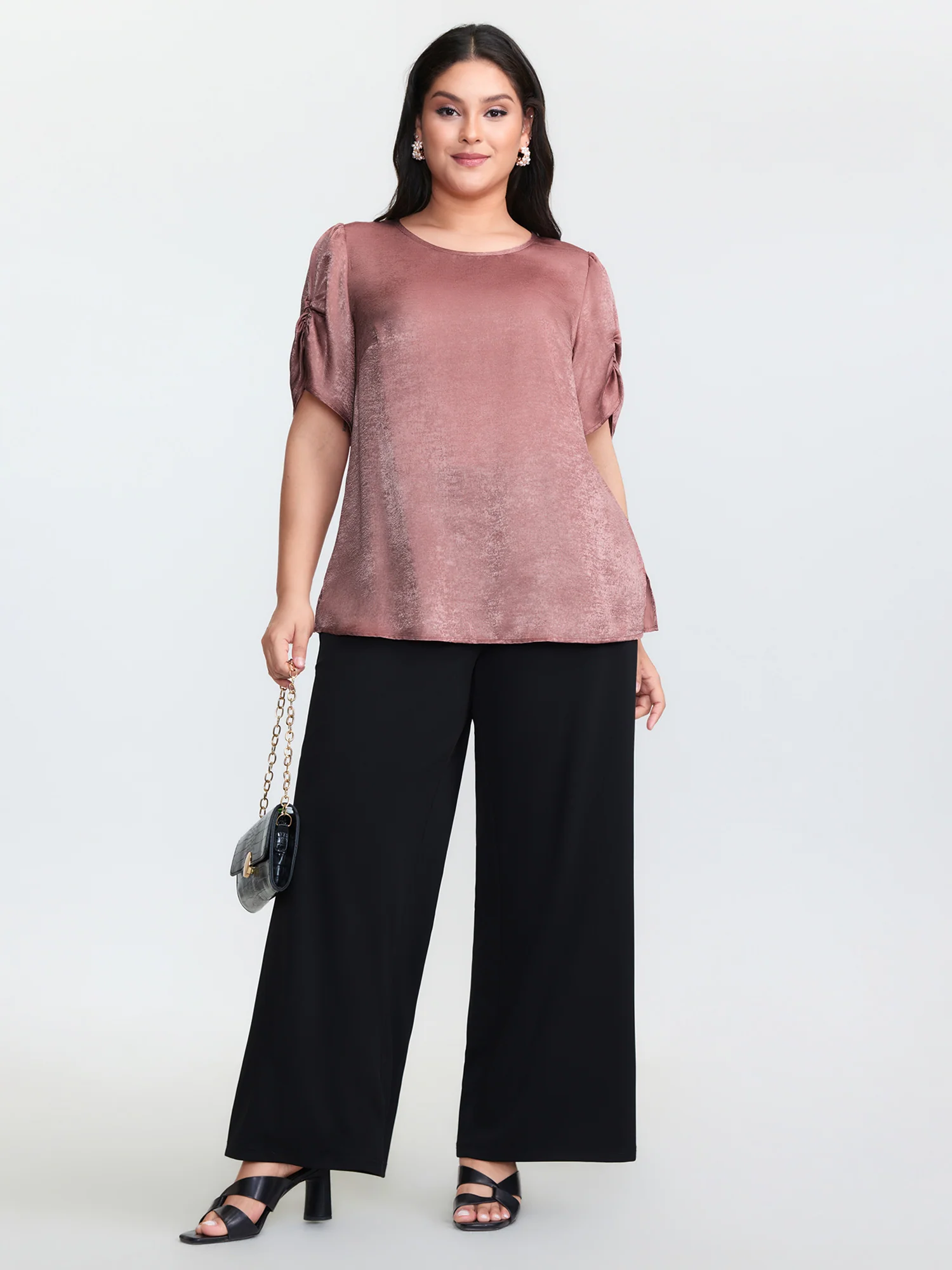 Gathered Sleeve Arm-Friendly Solid Blouse - Image 2