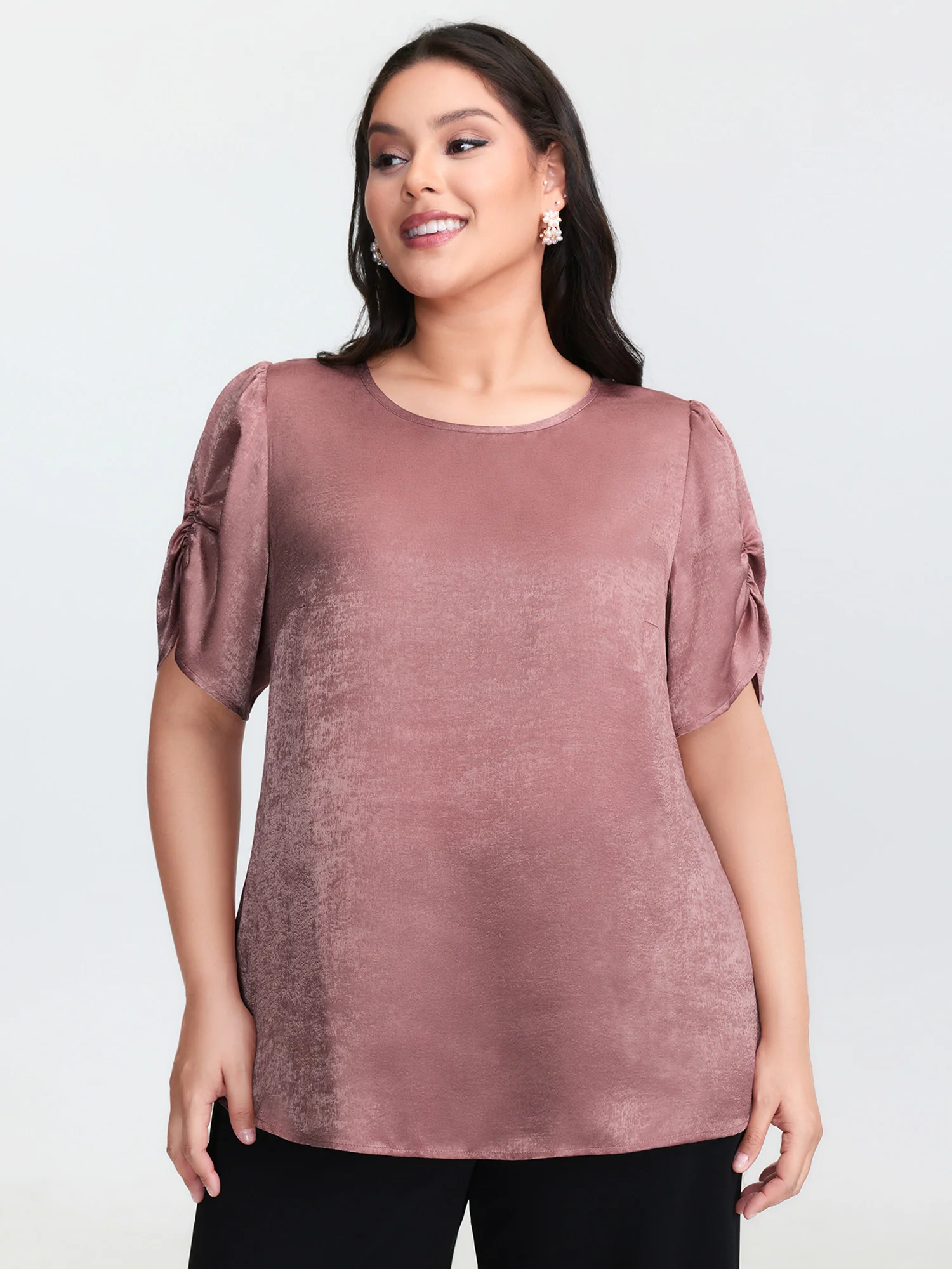 Gathered Sleeve Arm-Friendly Solid Blouse - Image 3