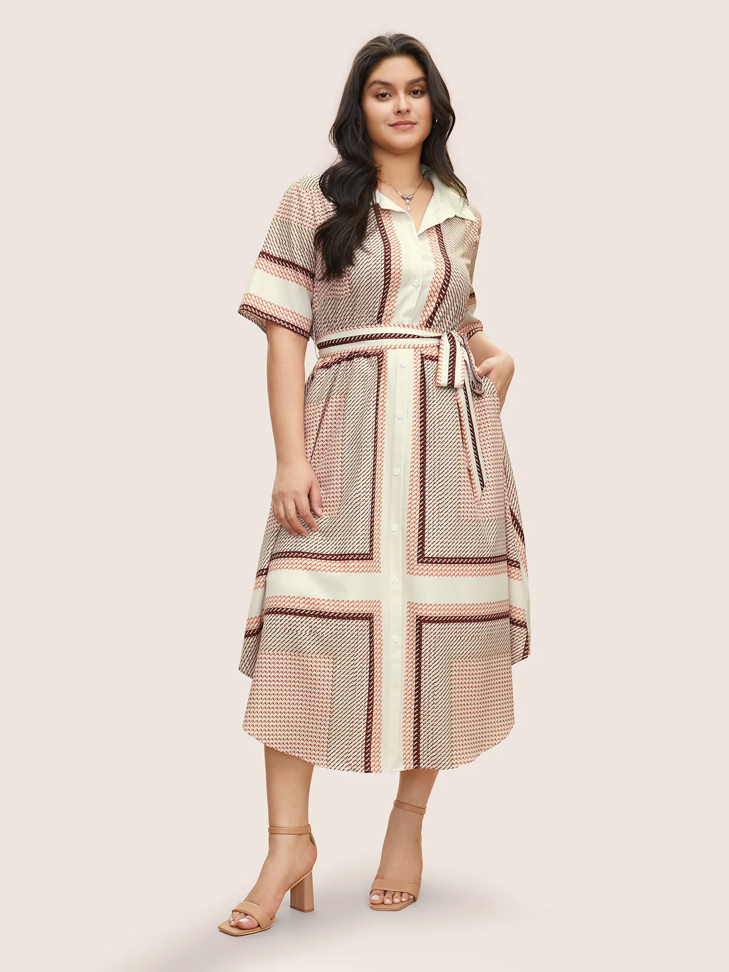 Geo Graphic Belted Curved Hem Shirt Collar Dress - Image 2