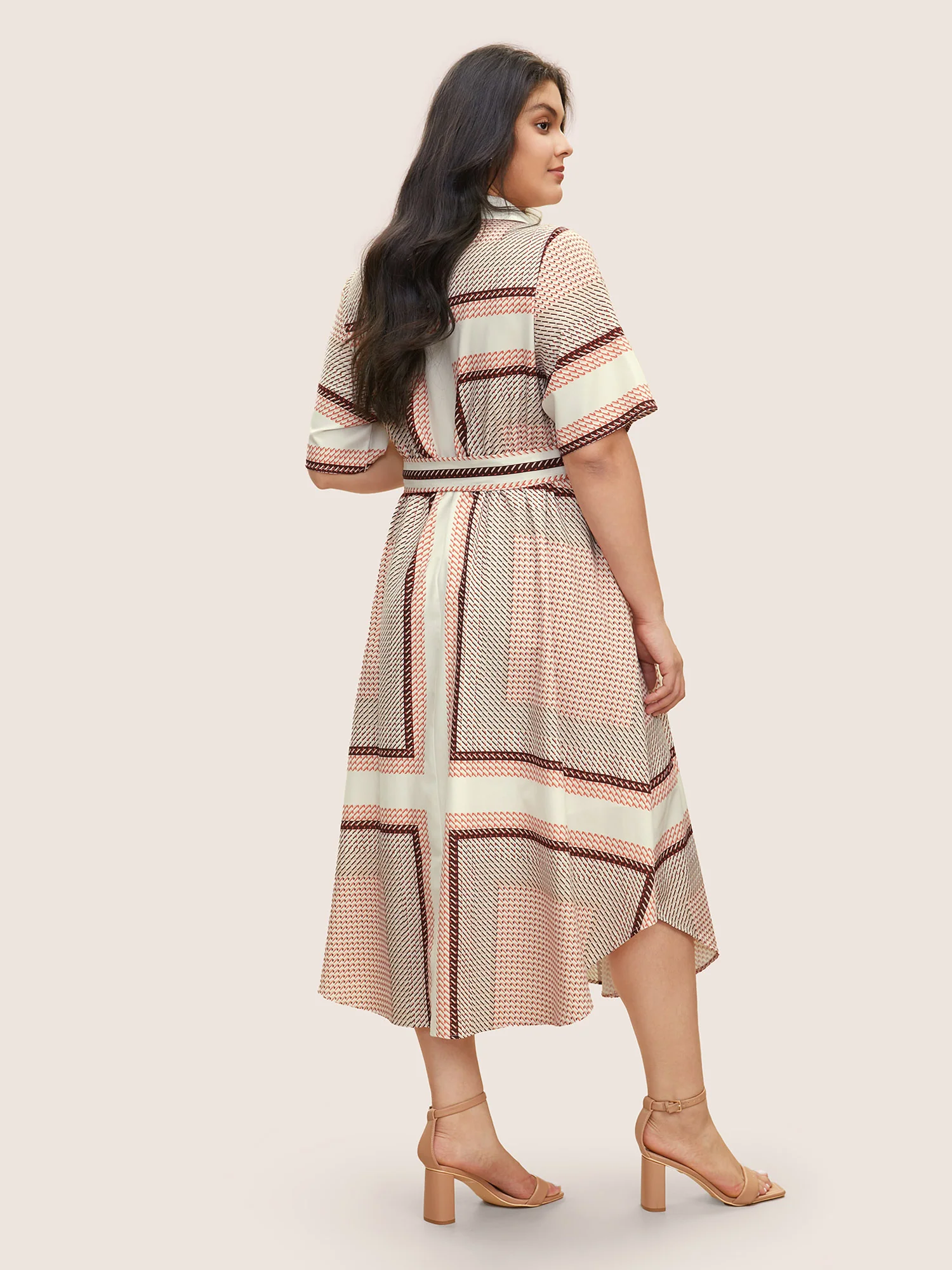 Geo Graphic Belted Curved Hem Shirt Collar Dress - Image 3