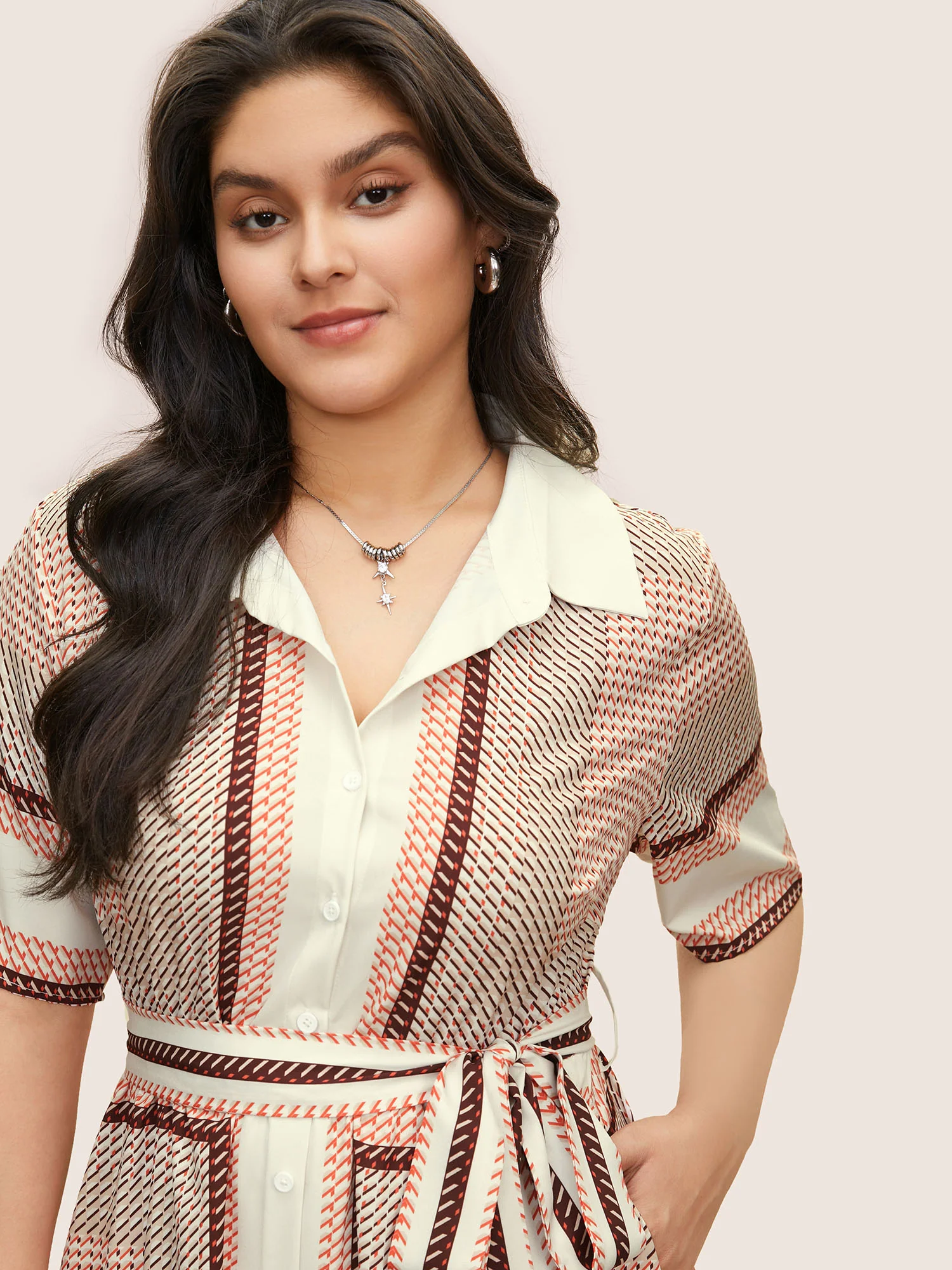 Geo Graphic Belted Curved Hem Shirt Collar Dress - Image 4