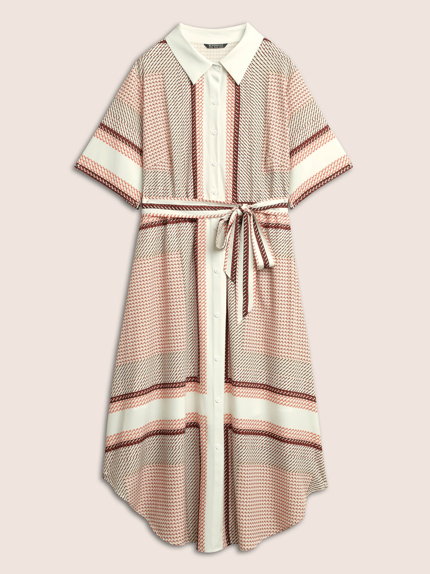 Geo Graphic Belted Curved Hem Shirt Collar Dress - Image 7