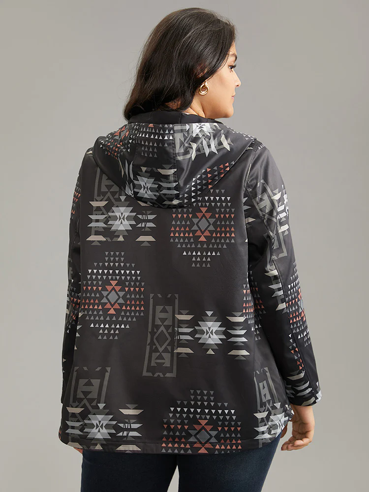 Geo Graphic Hooded Pocket Zipper Fly Coat - Image 2