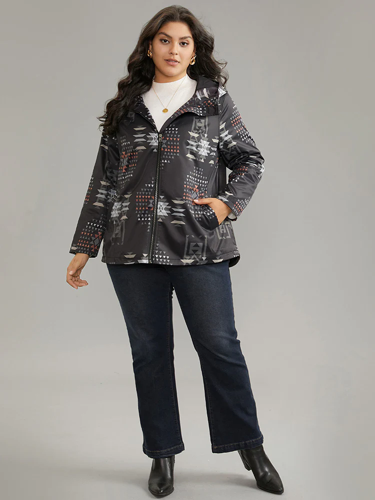 Geo Graphic Hooded Pocket Zipper Fly Coat - Image 3