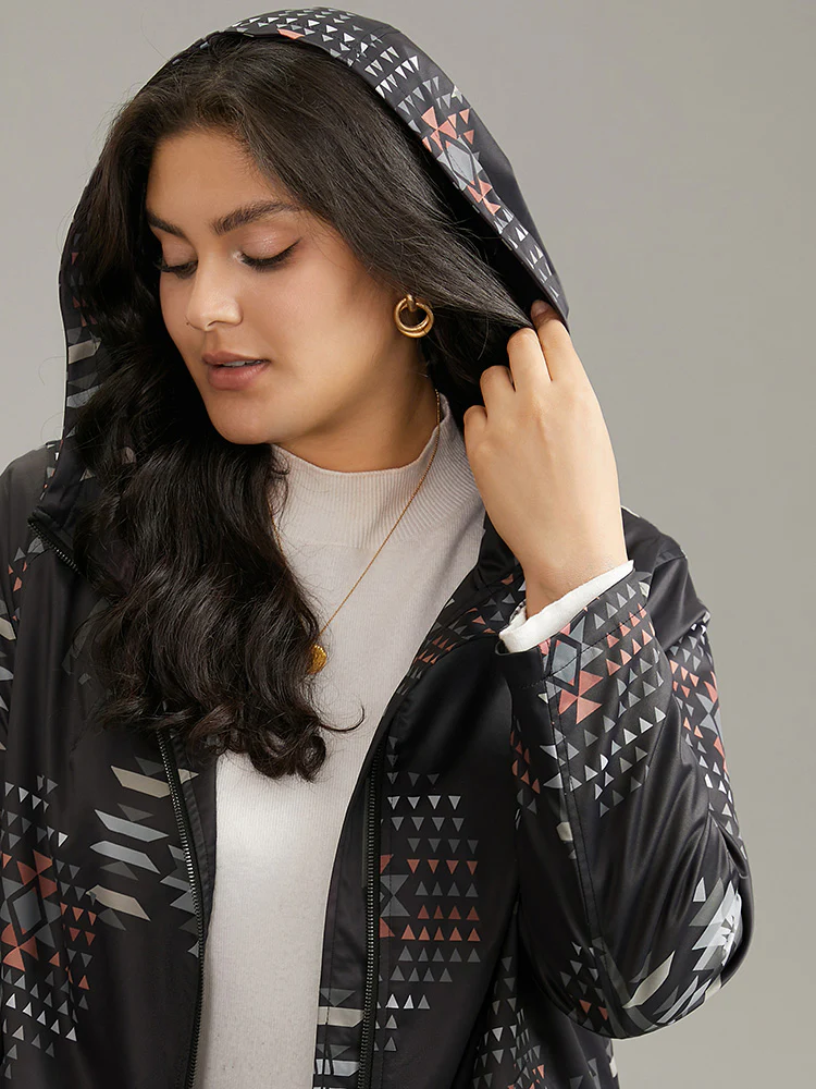 Geo Graphic Hooded Pocket Zipper Fly Coat - Image 4