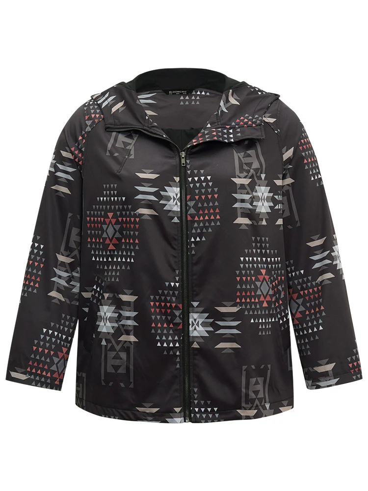 Geo Graphic Hooded Pocket Zipper Fly Coat - Image 5